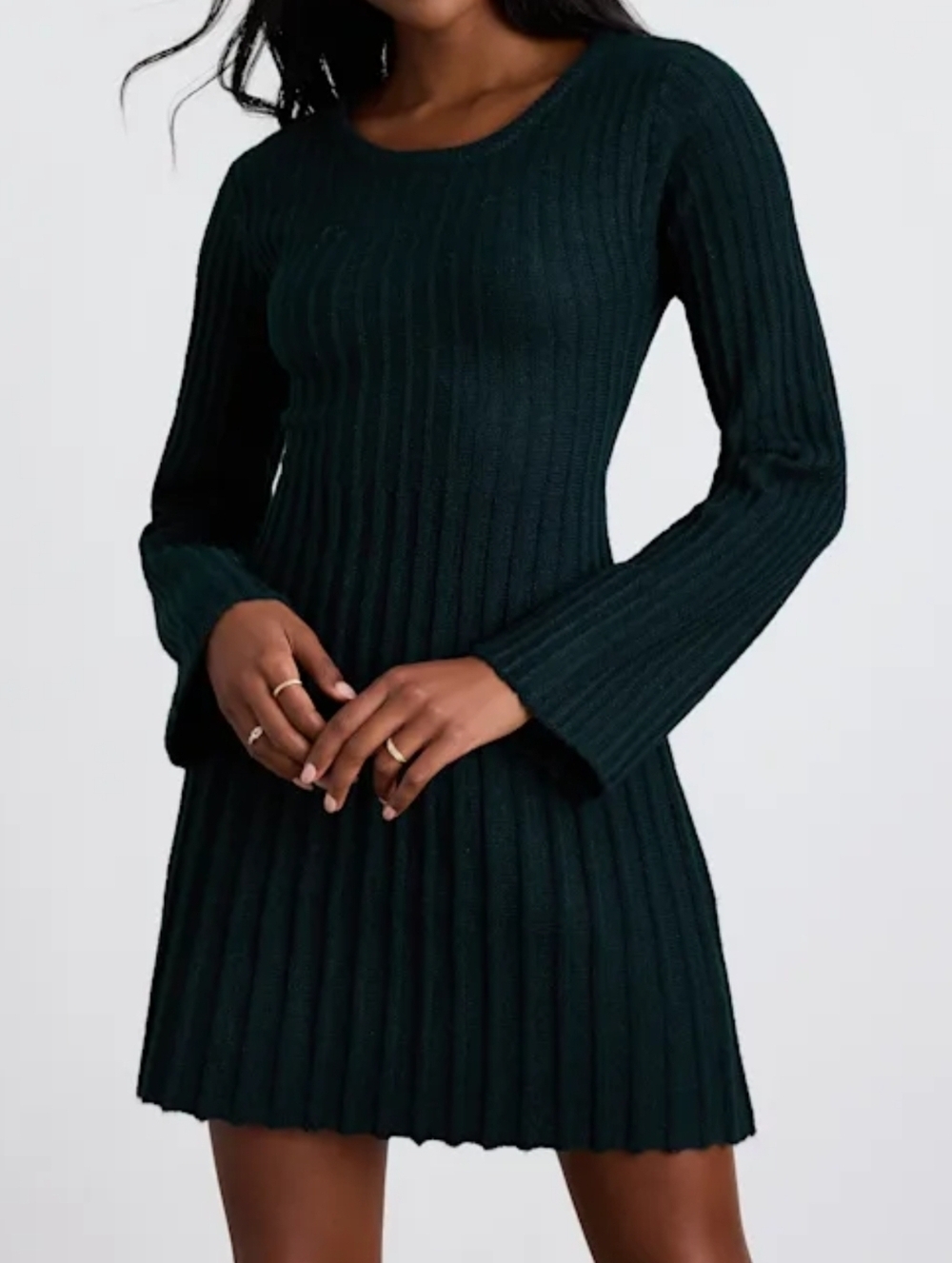 Lulus Convincing Poise Dark Green Ribbed Long Sleeve Skater Mini Dress, XL